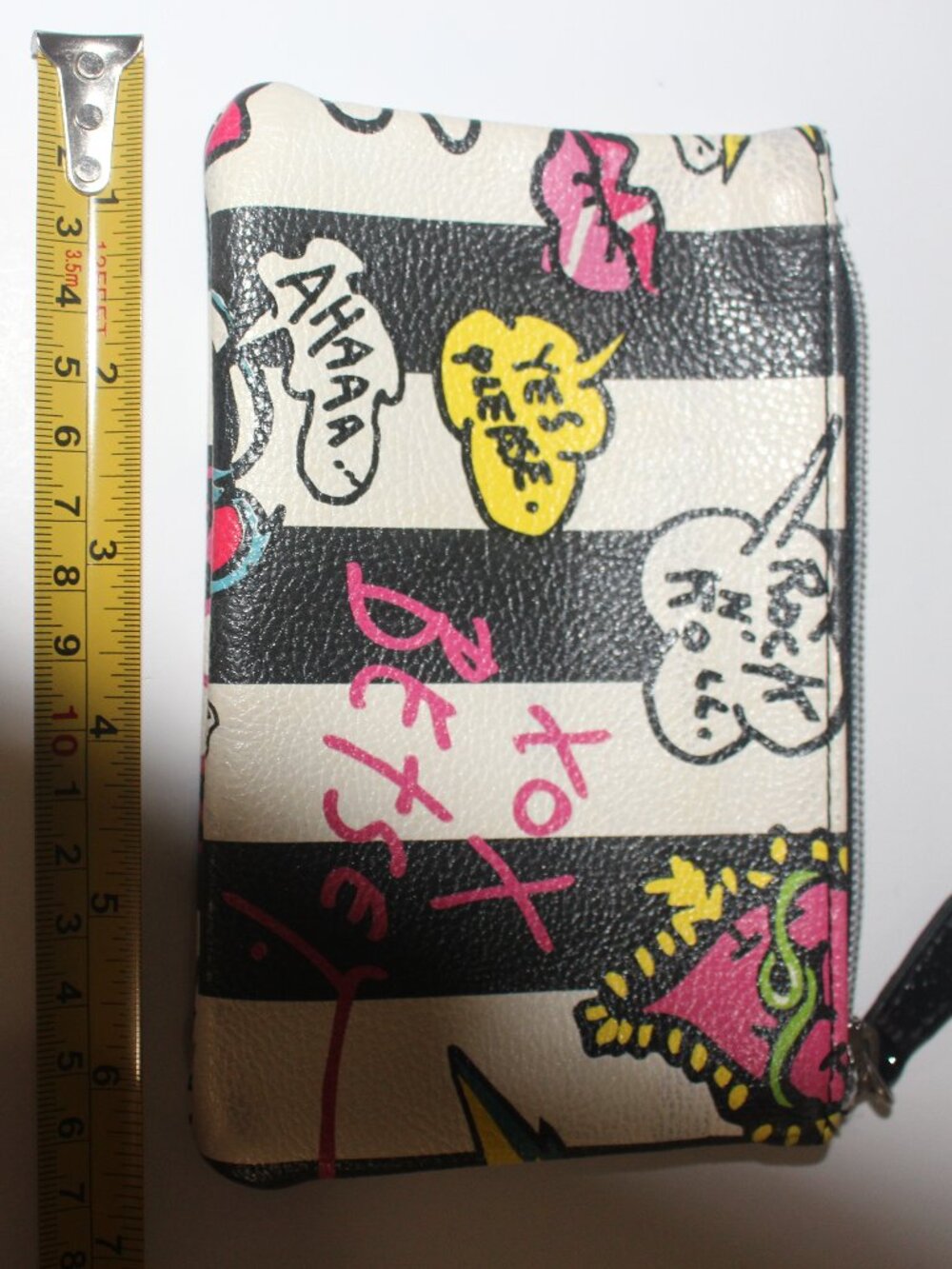 Betsey Johnson Black & White Stripe Graffiti Zip Pouch